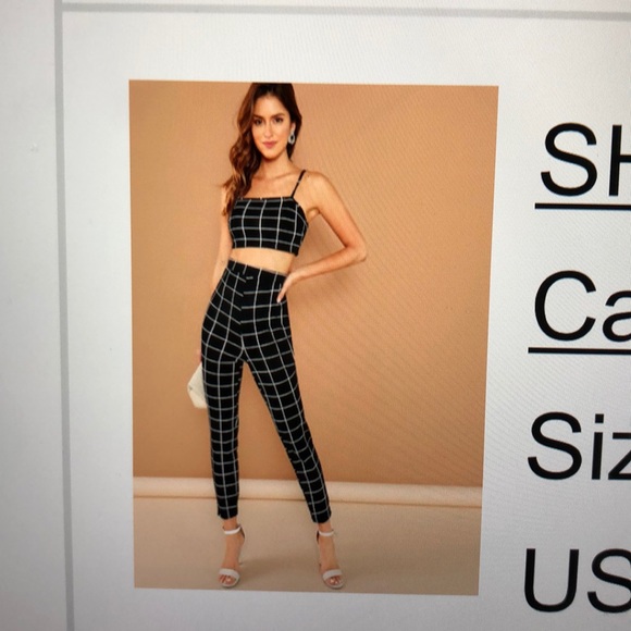Grid Print Crop Cami Top And Pants Set 